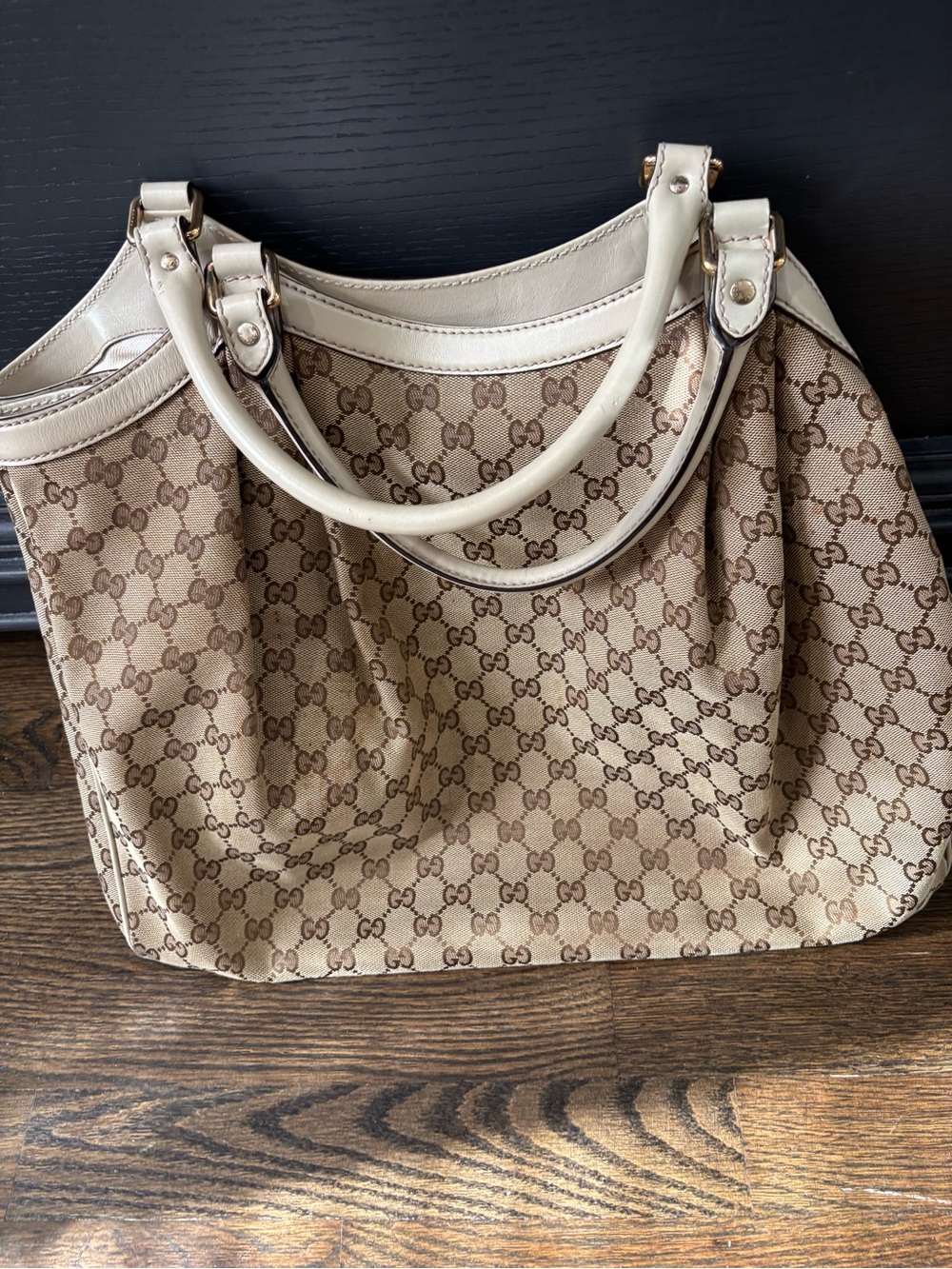 Authentic Gucci Beige Monogram Shoulder Bag with Cream Trim